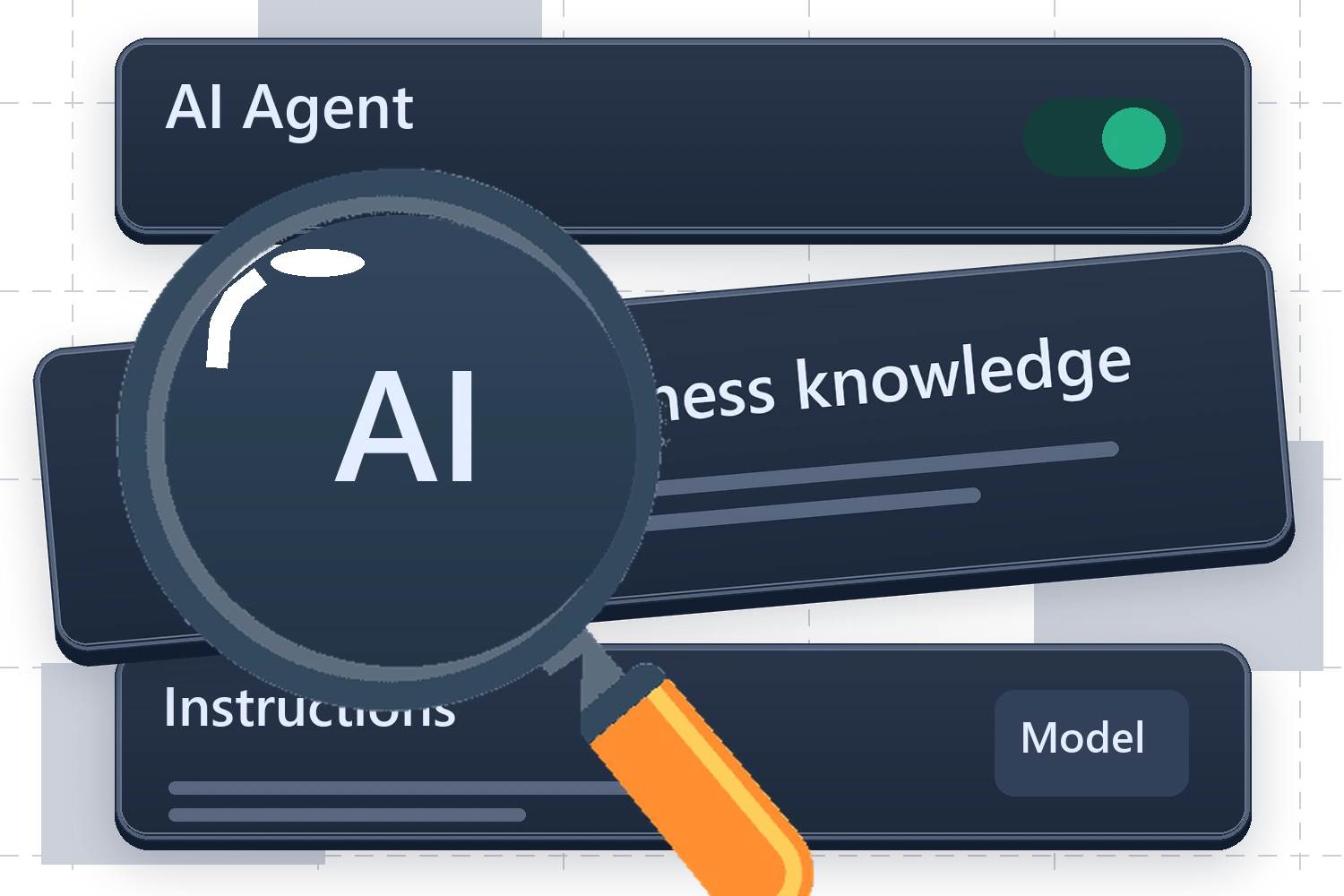Auticly agent mockup with instructions, a model and business knowledge beneath a raised magnifying glass.