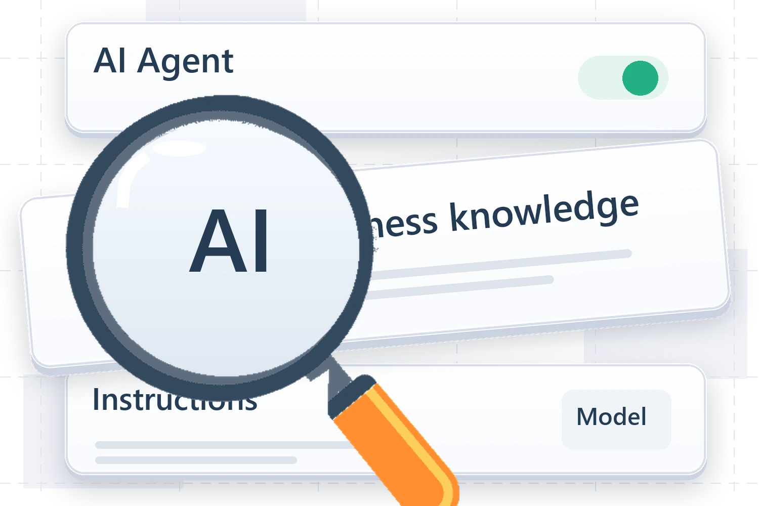 Auticly agent mockup with instructions, a model and business knowledge beneath a raised magnifying glass.