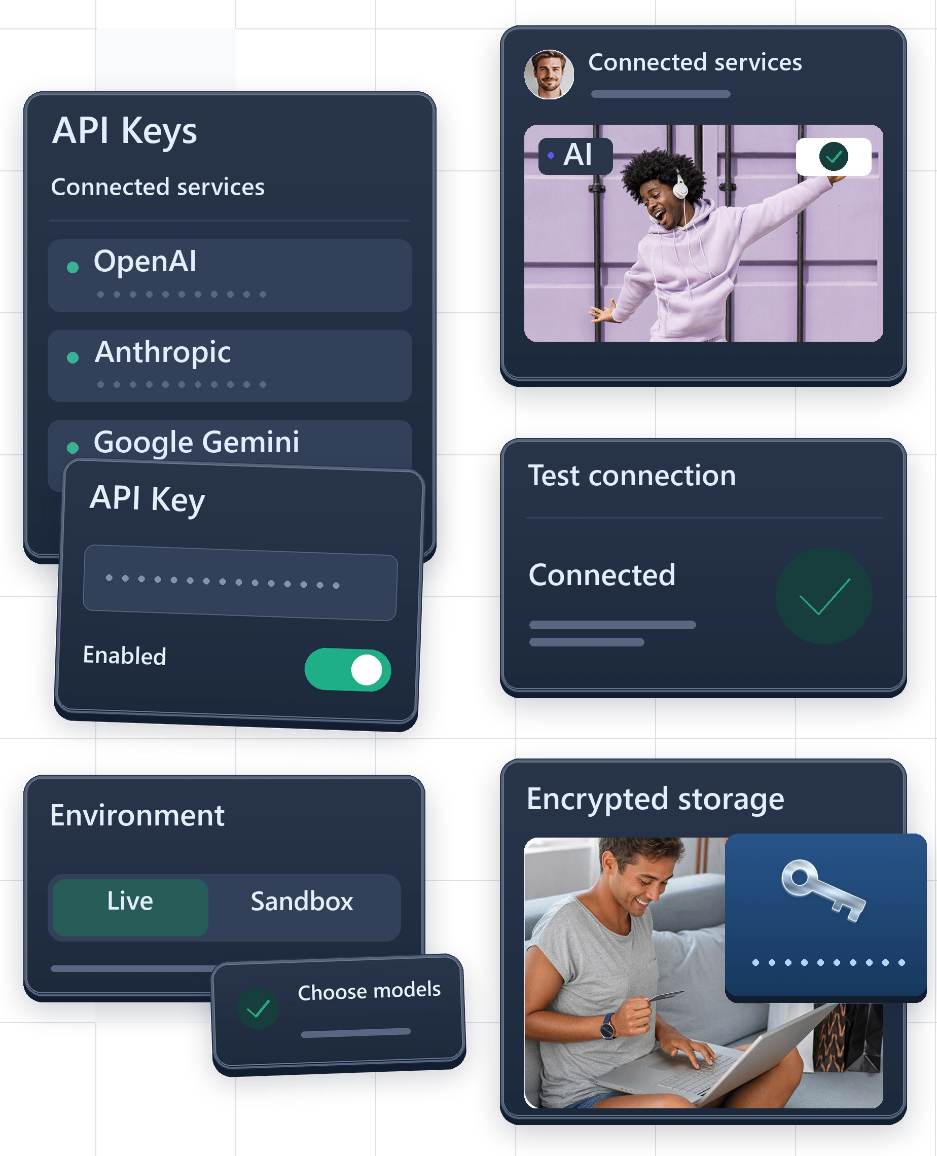 Auticly API key collage with service cards, a young man in a light lavender hoodie and headphones above, and a smiling man in a gray t-shirt and shorts seated with a laptop on his lap below.