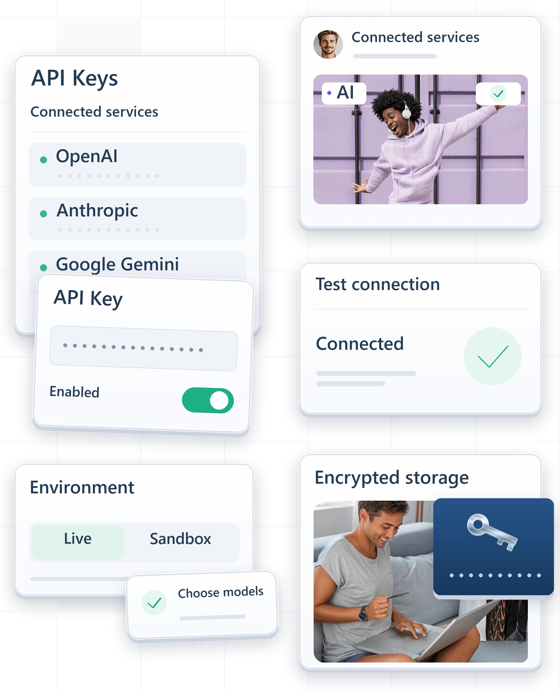 Auticly API key collage with service cards, a young man in a light lavender hoodie and headphones above, and a smiling man in a gray t-shirt and shorts seated with a laptop on his lap below.
