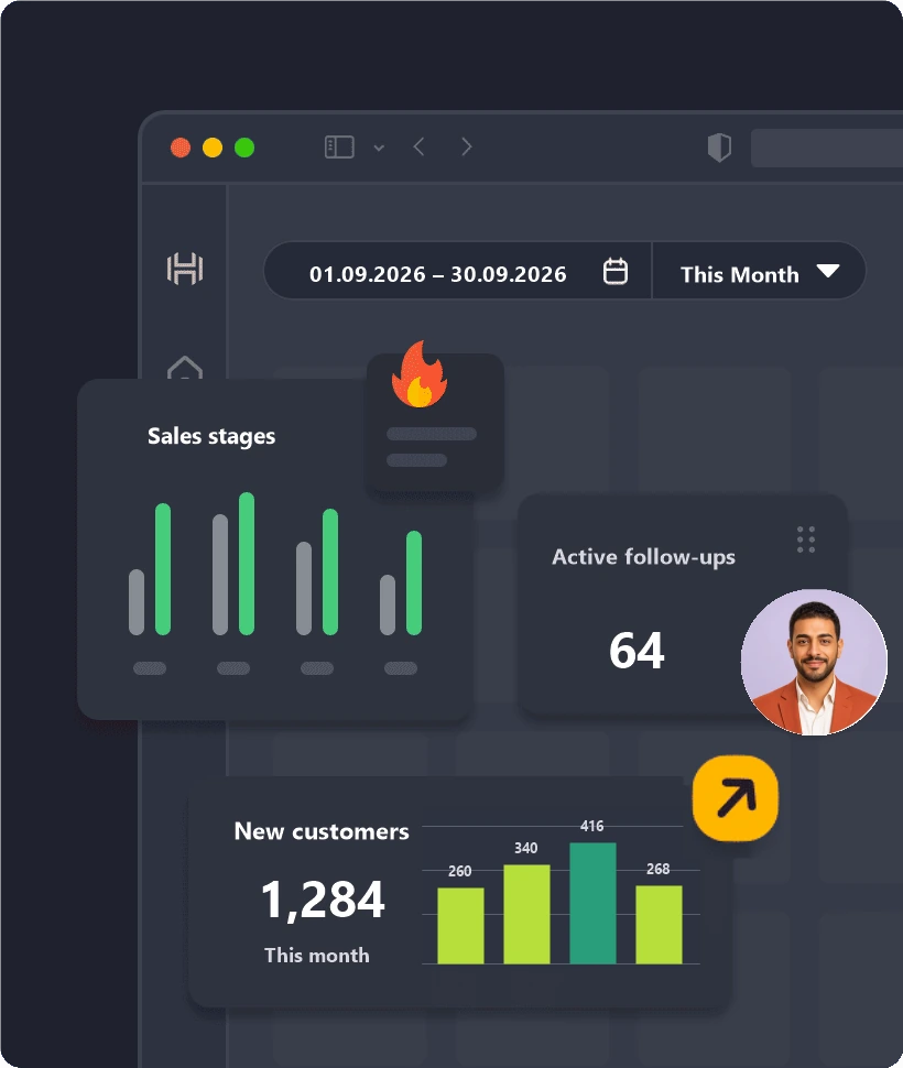 Illustration of a CRM sales pipeline with stages, active follow-ups and new customer totals.