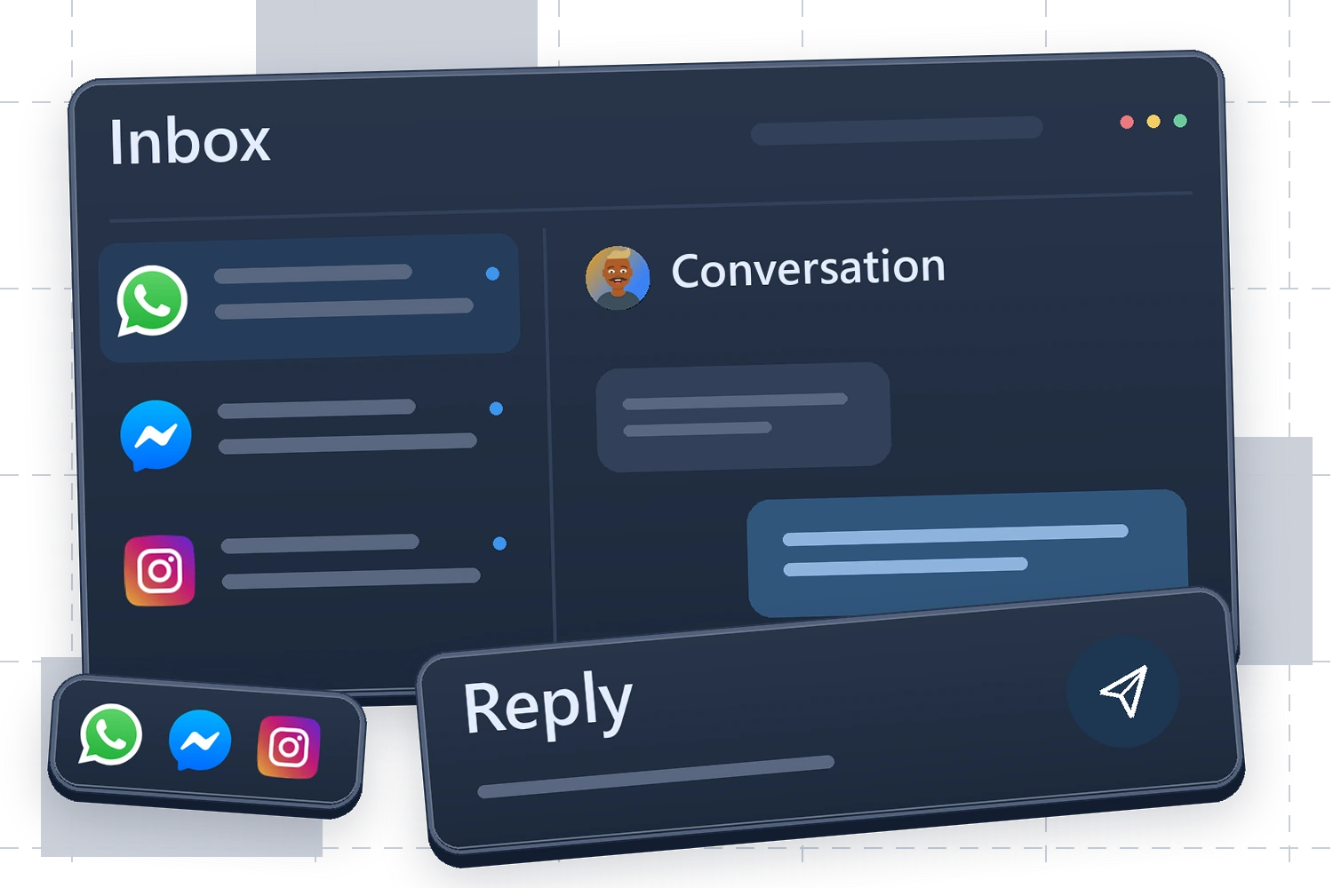 Auticly inbox mockup with messaging channels, a conversation and a floating reply card.