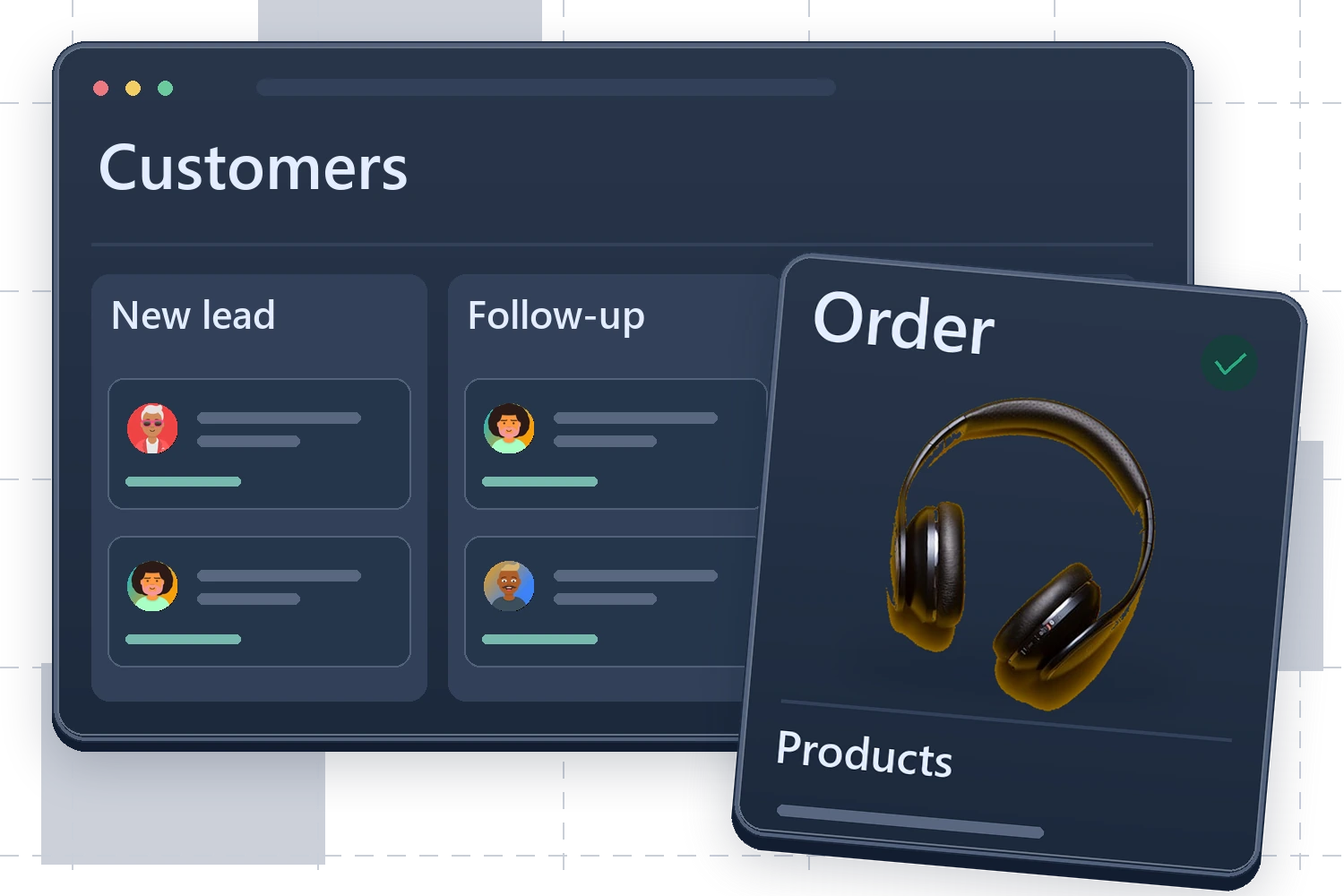 Customer and follow-up mockup with a product and an overlapping sales order card.