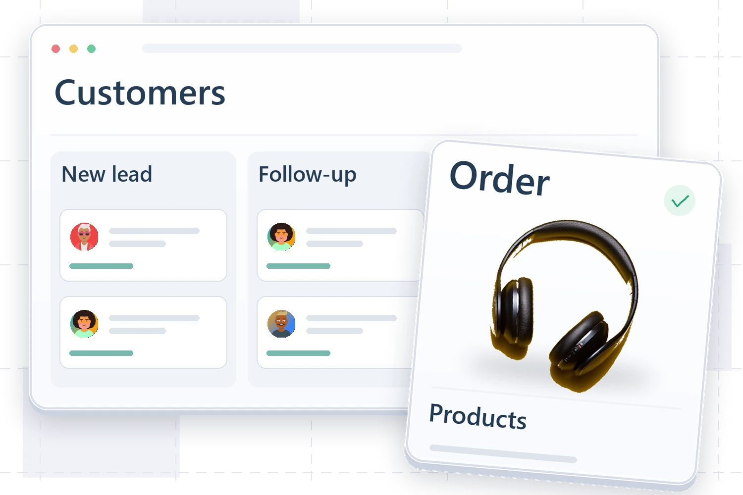 Customer and follow-up mockup with a product and an overlapping sales order card.